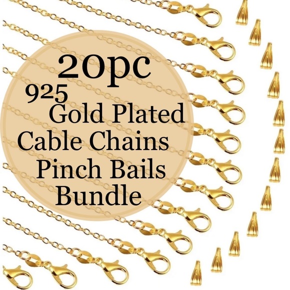 20pc 925 Gold Plated Cable Chains & Pinch Bails Jewelry Making Bundle diy Lot - Picture 1 of 12